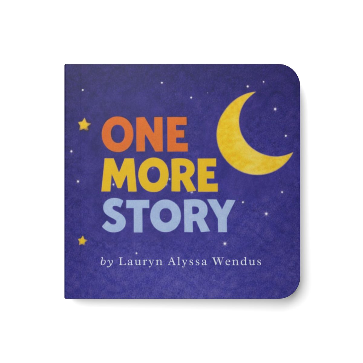 One More Story board book cover showing a crescent moon and stars on a deep blue background