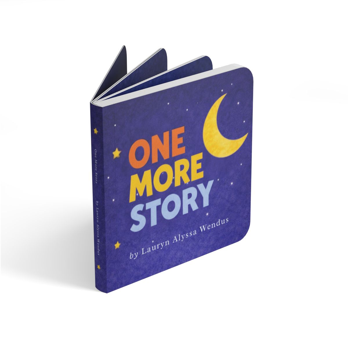 Angled view of the One More Story board book showing its thick pages